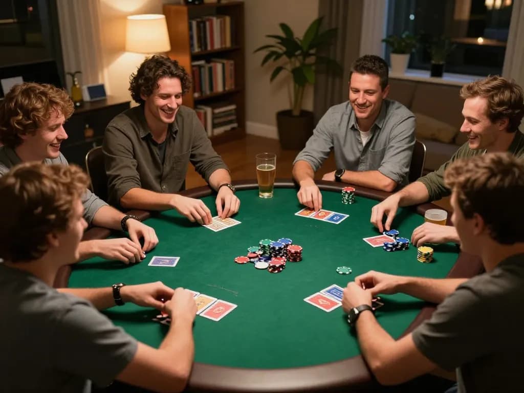 IDCASH88 players engaging in a friendly poker game at home, sharing strategies and enjoying the game atmosphere.