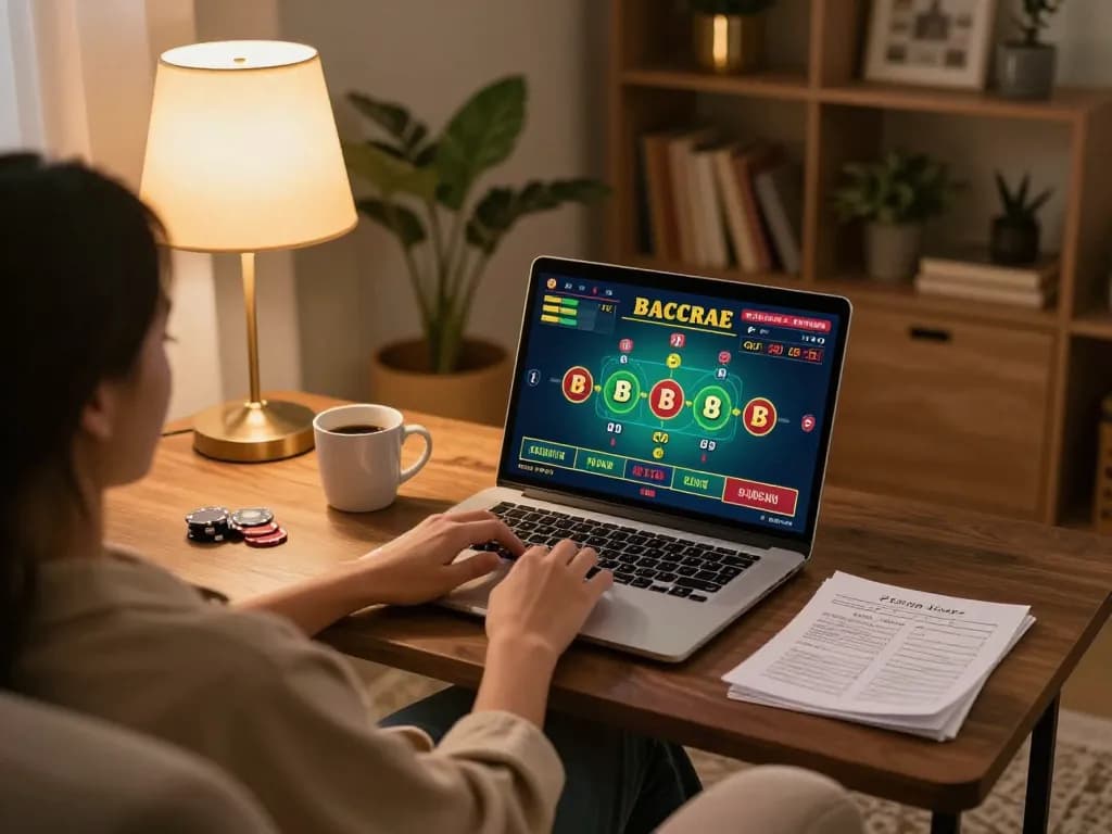 Baccarat gameplay on a laptop in a cozy home setting with personal strategy notes.