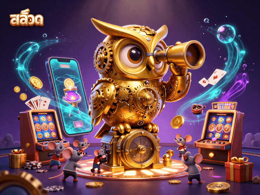 Spin the reels with สล็อต, as a golden owl surveys a bustling casino filled with excitement.