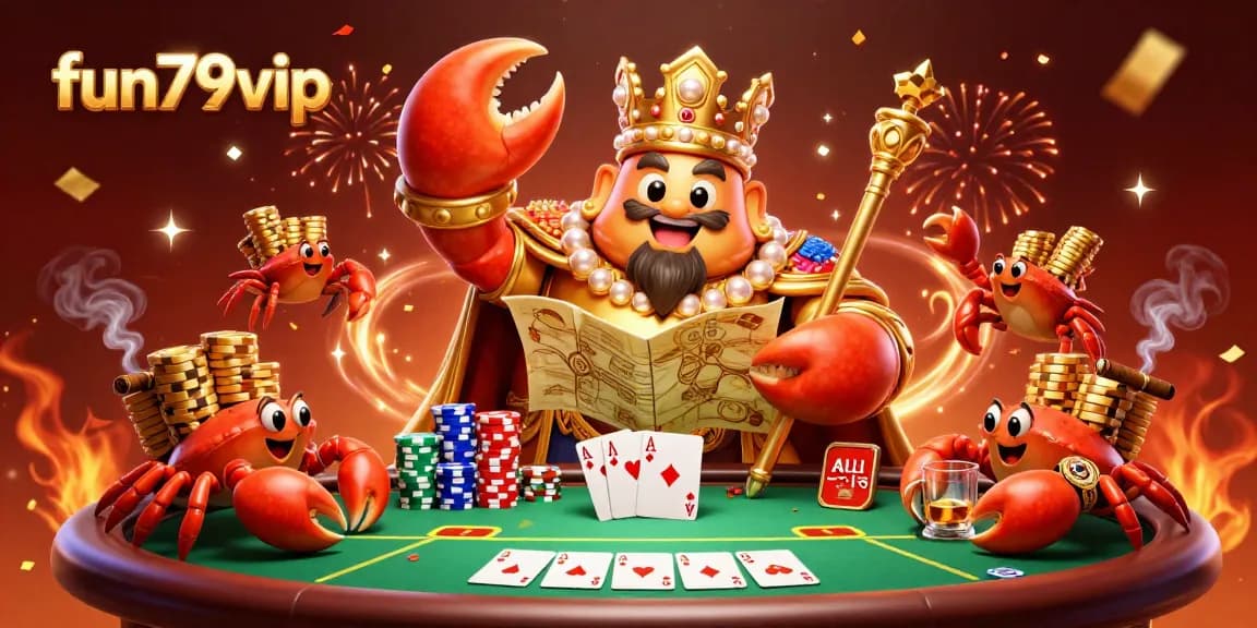 Experience excitement at fun79vip with a golden crab emperor and poker scene, showcasing dynamic casino elements.