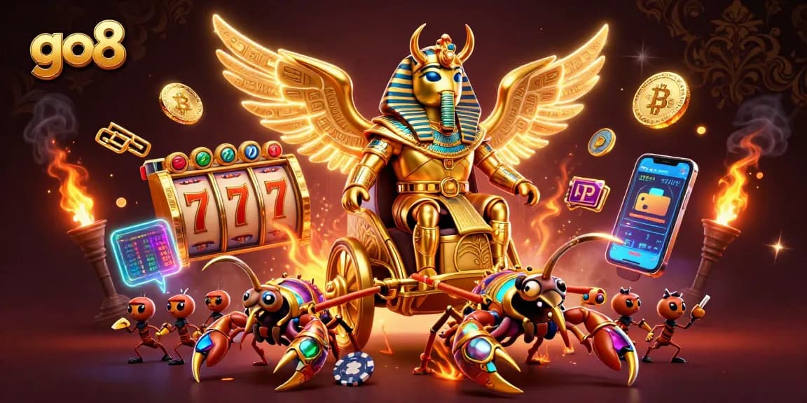 Spin the go8 jackpot with colossal scarab and scorpions in a dynamic casino scene.