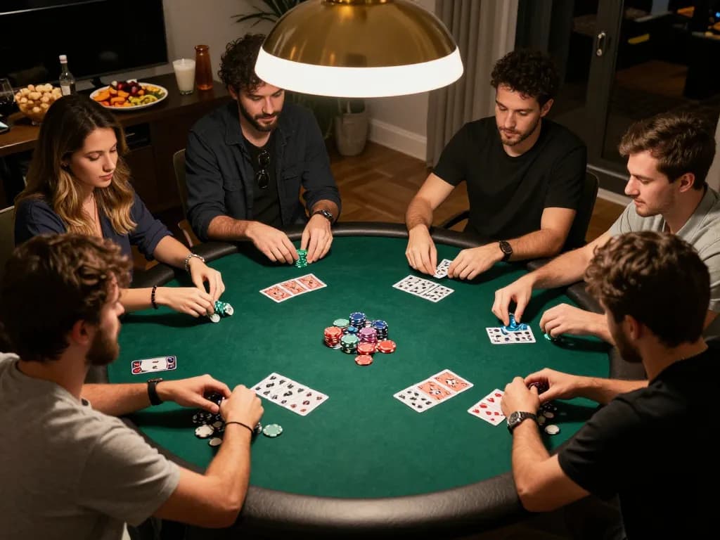 Sunwin poker game featuring friends engaged in strategic gameplay with colorful chips and cards