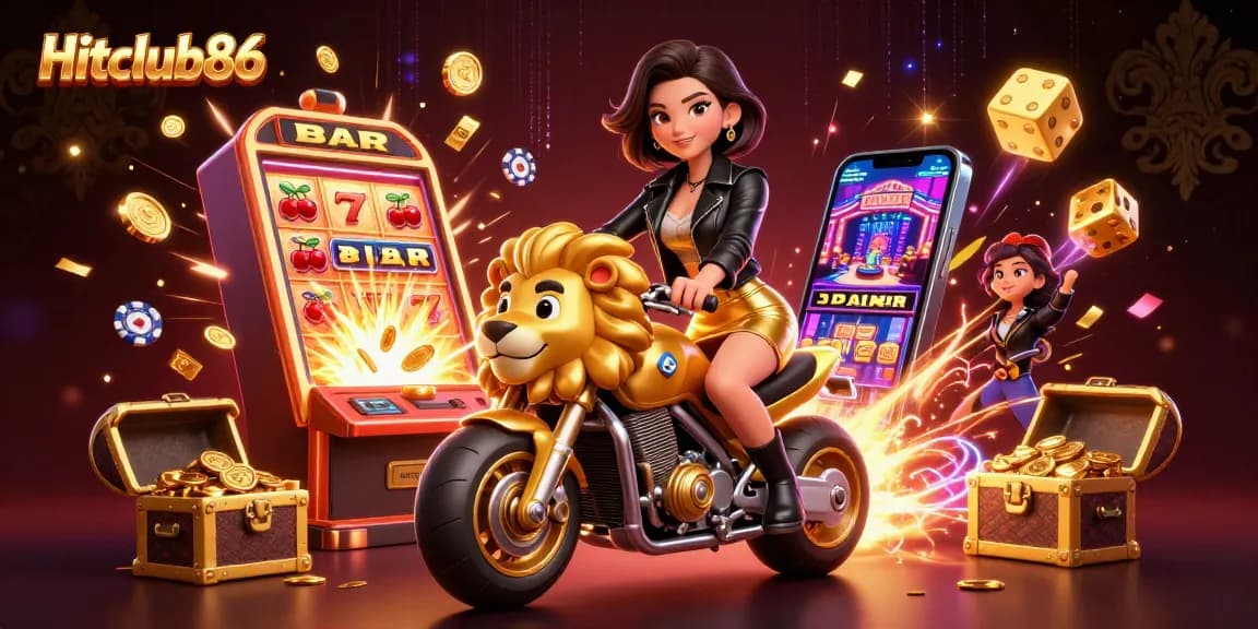 Hitclub86 showcases a thrilling online casino experience with a glamorous woman riding a golden lion mascot amidst dynamic gaming elements.