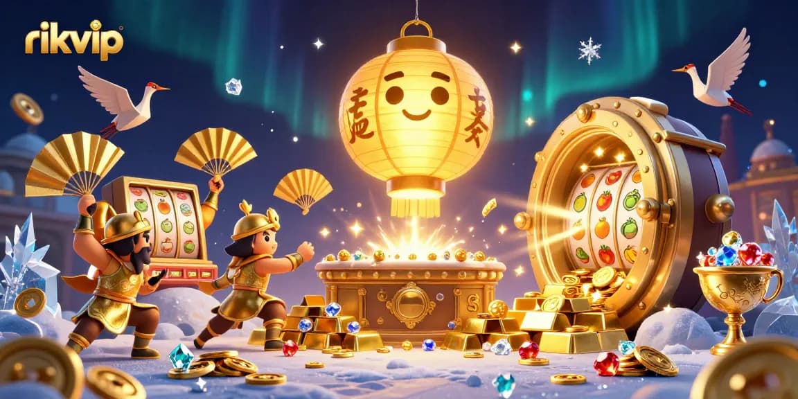 Experience the vibrant world of rikvip with golden treasures and casino action in an exciting 3D illustration.