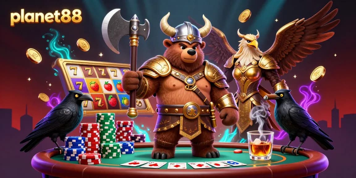 Experience the excitement of planet88's dynamic gaming scene featuring a Viking bear and Valkyrie eagle.