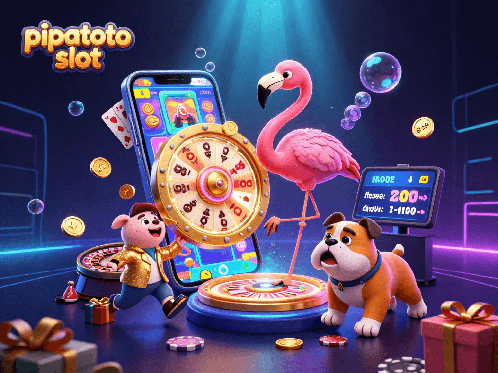 Engage with pipatoto slot in this dynamic scene showcasing a game show host flamingo and exciting gameplay elements.