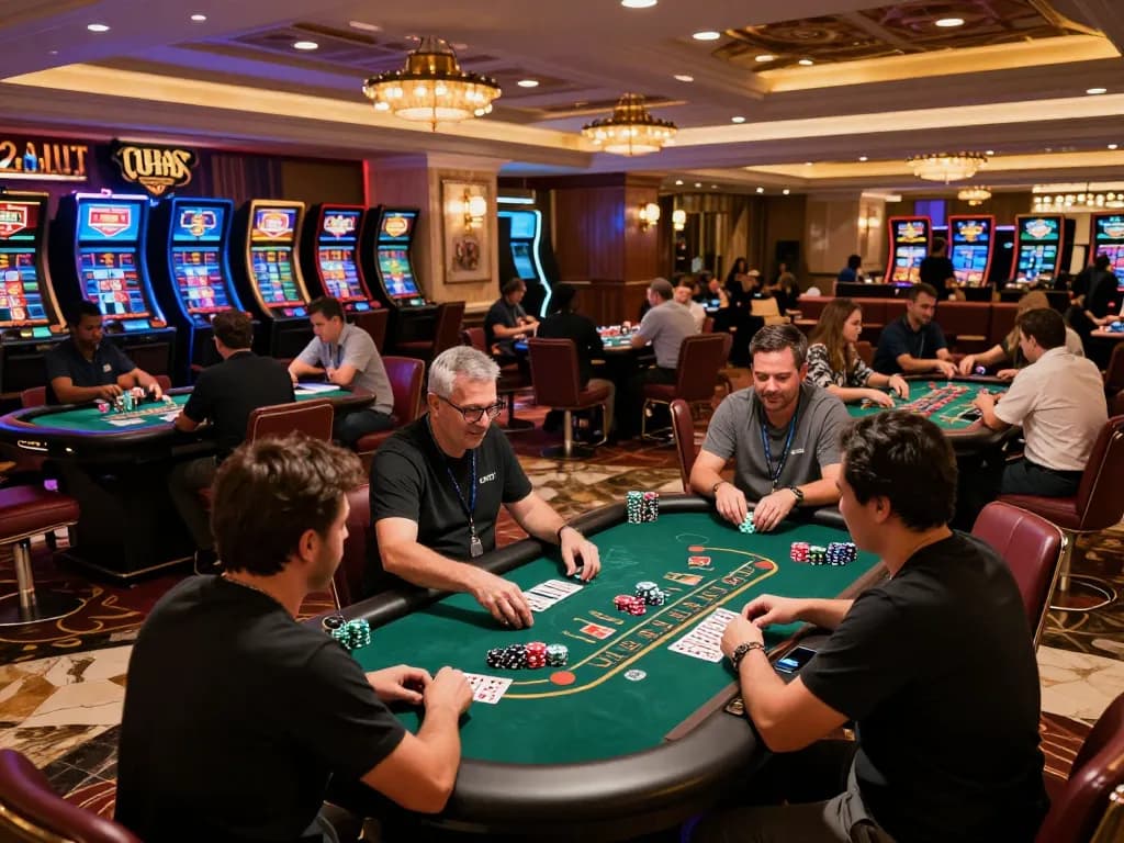 B52 players engaging in a thrilling blackjack game at an upscale casino, showcasing excitement and luxurious ambiance.