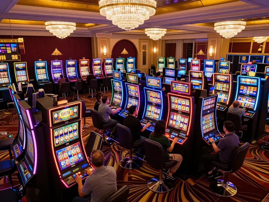 Players enjoying open888 slot machines under vibrant lights and luxurious decor.