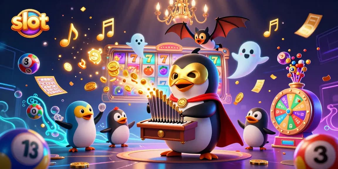 Menangkan slot dengan penguin opera yang bermain organ, dikelilingi bola lotere berwarna.
