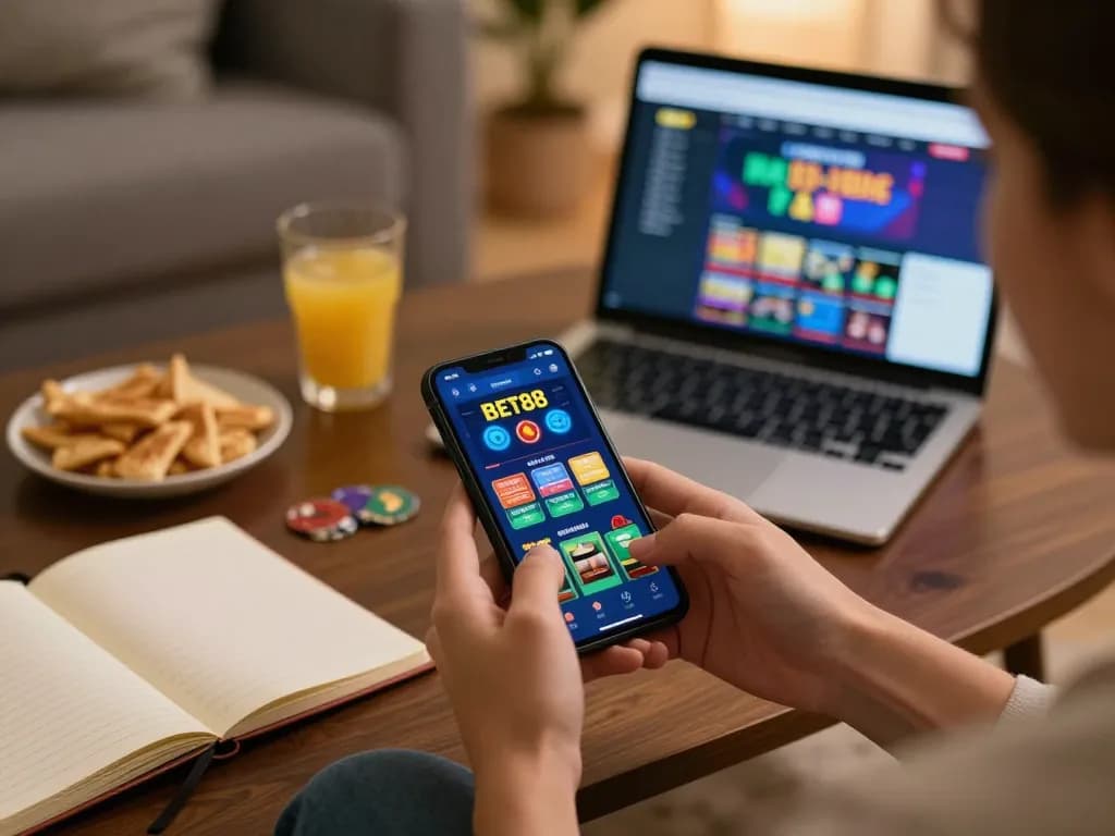 Engaging in a mobile bet88 game, showing strategy notes and cozy home atmosphere.