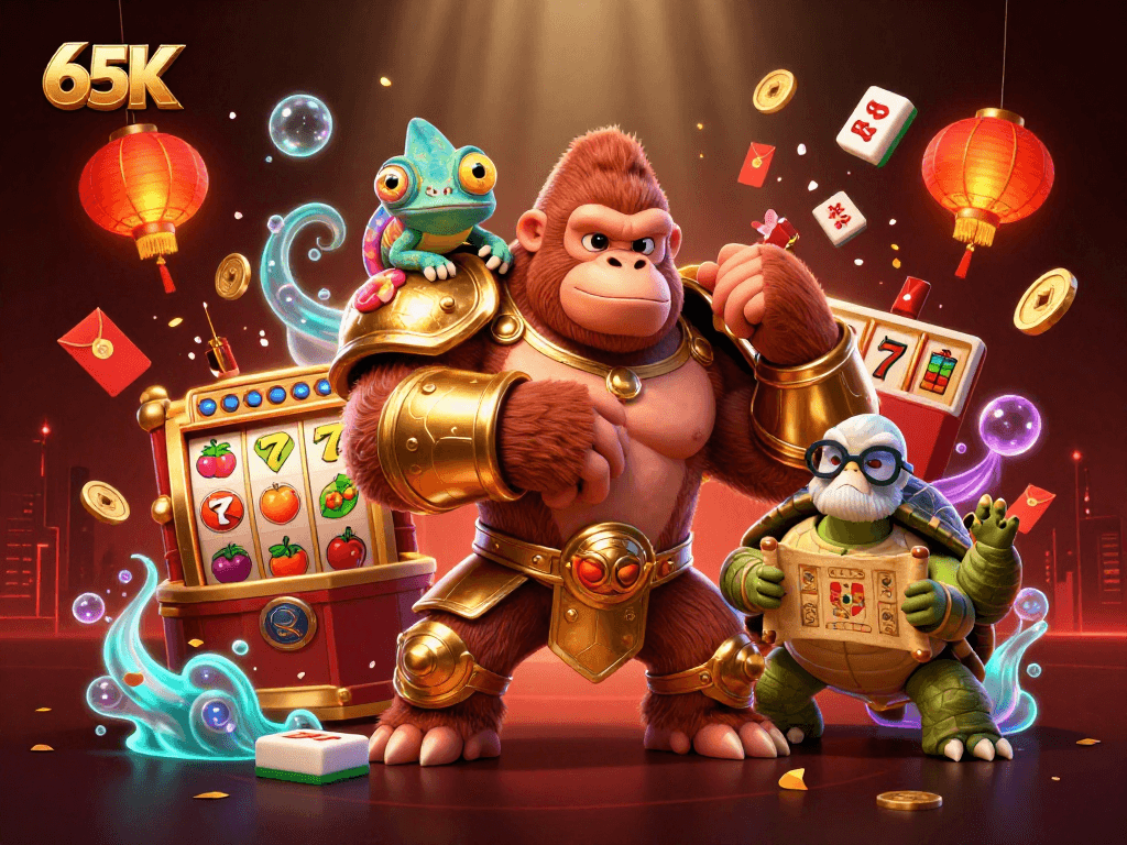 65K: ilustração de cassino vibrante com gorila, camaleão e tartaruga, elementos de jogo emocionantes