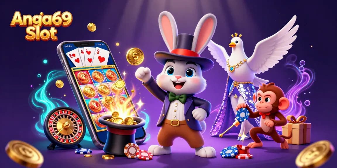 Experience Angka69 Slot with a colorful scene featuring a magical rabbit, coins, and vibrant casino elements.