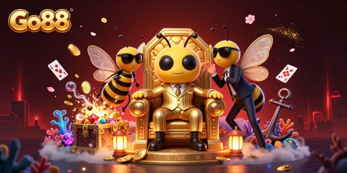 Join the action at Go88 with vibrant casino characters surrounded by gold treasures and games.