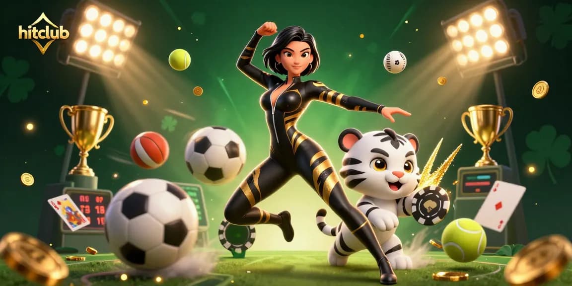 Experience the excitement of hitclub as a dazzling woman in a catsuit interacts with a playful tiger amidst casino elements.