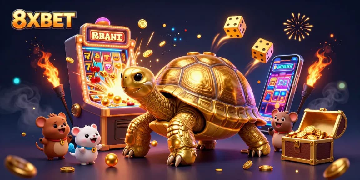 Experience the excitement of 8XBET with a vibrant casino-themed scene featuring a colossal golden tortoise pinball machine and animated slot elements.
