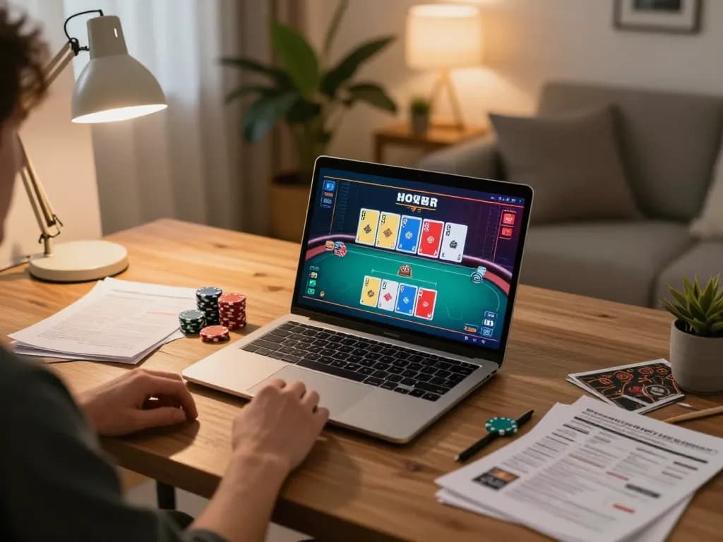 Order online for poker gaming, showcasing an engaging at-home setup with laptop and strategies.