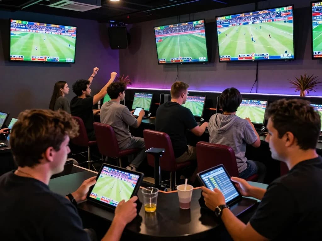 Bettors engaging in live sports betting strategies at b52club with dynamic screens highlighting game odds
