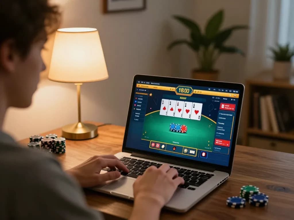 Engaged user playing online casino game open888 on laptop in cozy home setting.