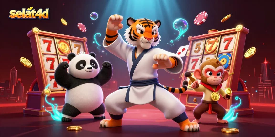 Experience thrilling selat4d action with a kung fu tiger, panda, and monkey amidst vibrant casino elements.