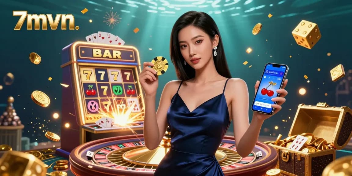 Engage with the thrilling atmosphere of 7mvn's online gaming, featuring a confident player amidst vibrant casino elements.