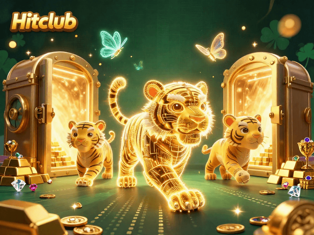 Experience the thrill of Hitclub as a neon-wireframe tiger prowls a dazzling casino, surrounded by treasures and winning elements.