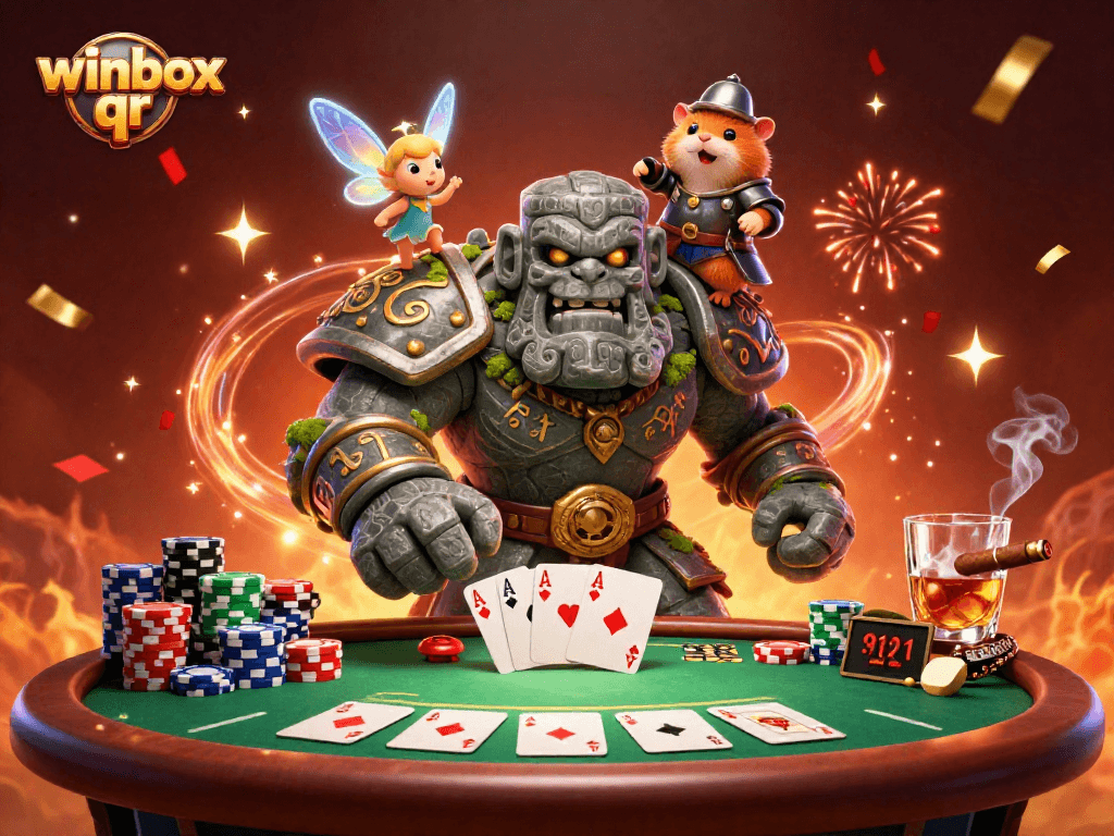 Experience winbox qr excitement with a stone golem and tiny fairy amidst poker action.