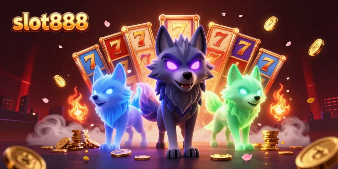 Spin the slot888 reels with vibrant illustrations of excited wolves and winning symbols.