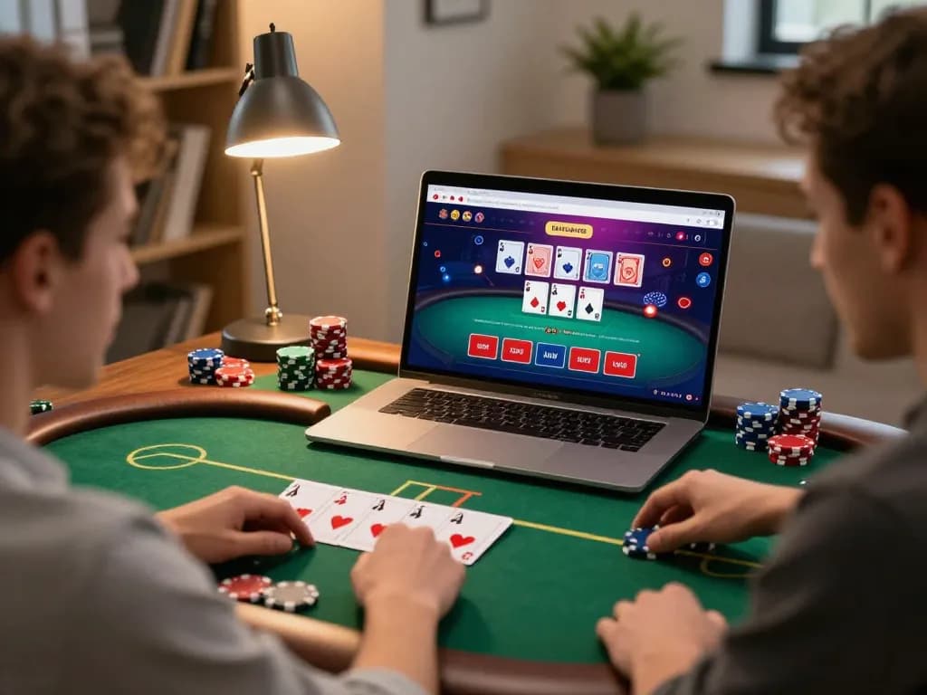 Engaging in online casino gaming with ดูหนังออนไลน์ experience on laptop in cozy home office.