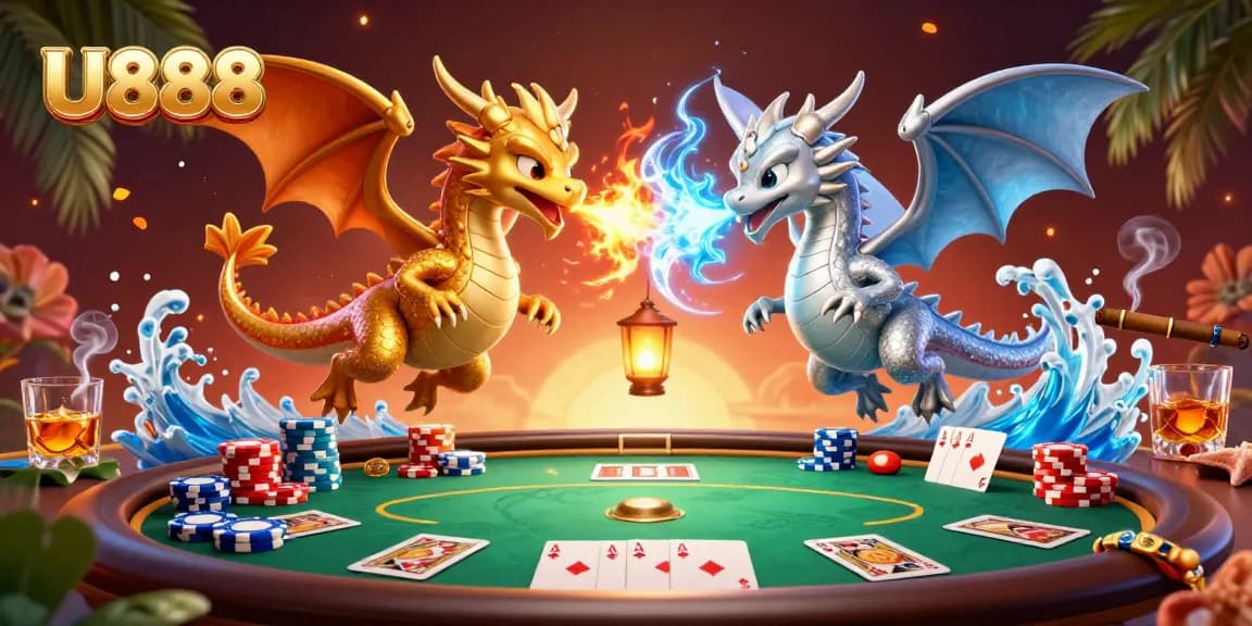 U888 captures thrilling poker action with twin dragons, vibrant chips, and dynamic game elements.