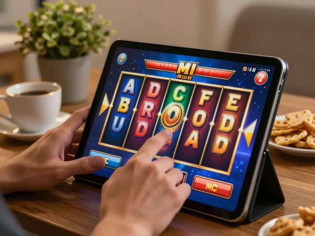 Person playing situs slot game on tablet, vibrant reels spinning in cozy home setting.