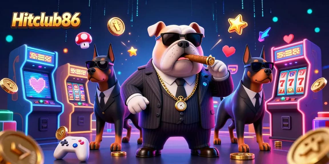 Hitclub86 showcases a vibrant 3D casino scene with a mafia bulldog, arcade games, and slot elements for thrilling gaming action.