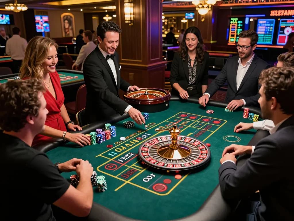 Players enjoying an exciting roulette game at slot depo 5k casino, highlighted by colorful chips and vibrant energy.