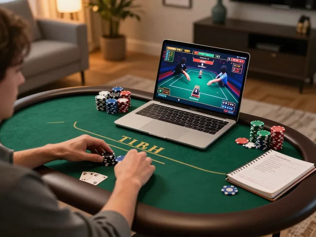 Engaging in online poker gameplay at home on rikvip with chips organized and strategy notes visible.