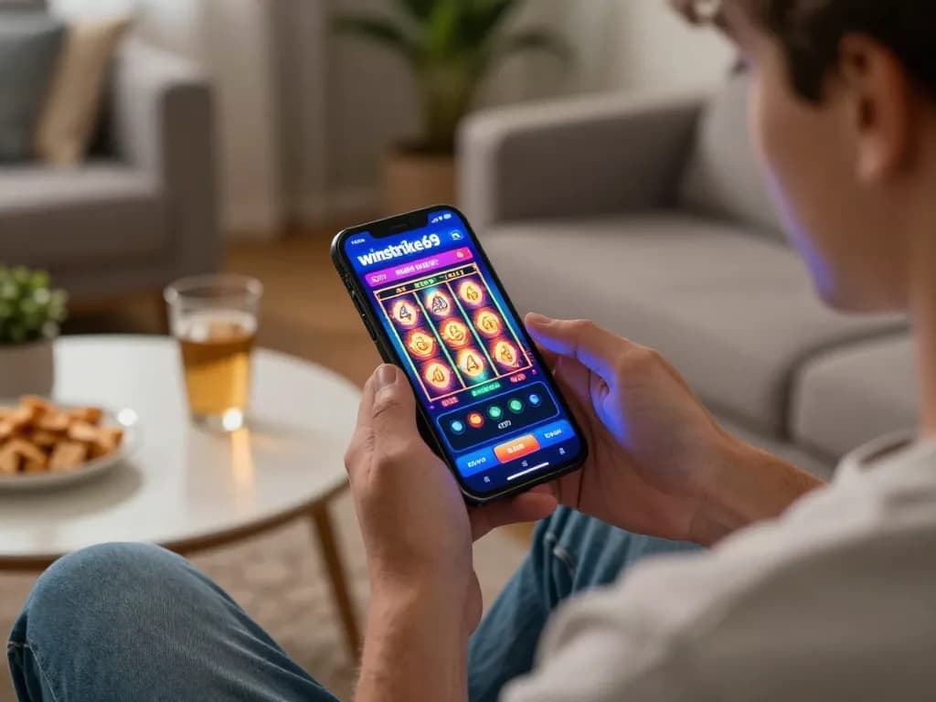 Engaging with winstrike69 mobile app while playing online slots at home, featuring vibrant screen graphics and cozy atmosphere.