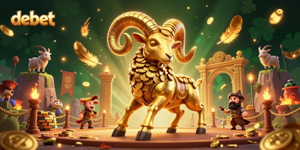 Experience thrilling bets and gaming adventures at debet, featuring a golden ram surrounded by vibrant casino symbols.