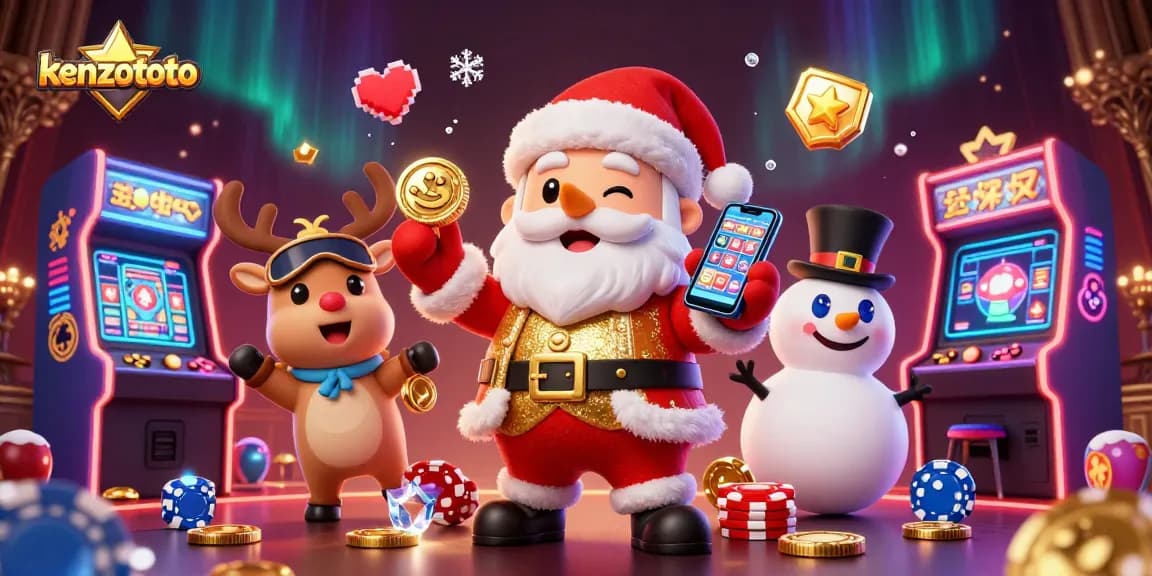 Kenzototo presents an exciting casino scene with Santa, a reindeer dealer, and a poker chip snowman celebrating jackpot wins