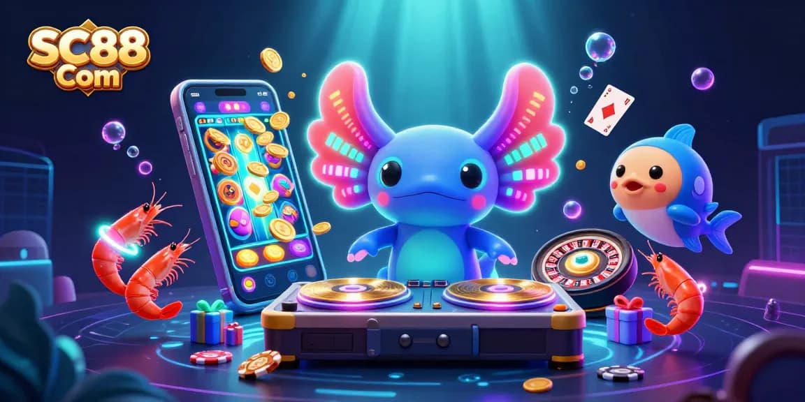 Engage with SC88 Com's vibrant 3D casino scene showcasing a DJ axolotl and festive underwater characters.