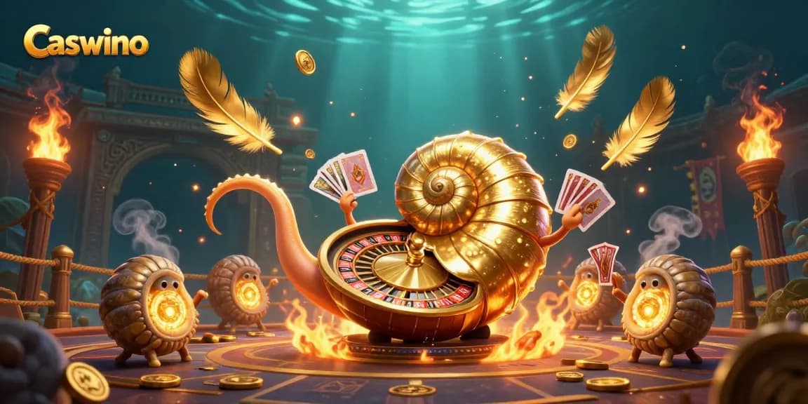 Caswino casino illustration with a giant nautilus roulette wheel, glowing ammonites, and vibrant gaming elements.