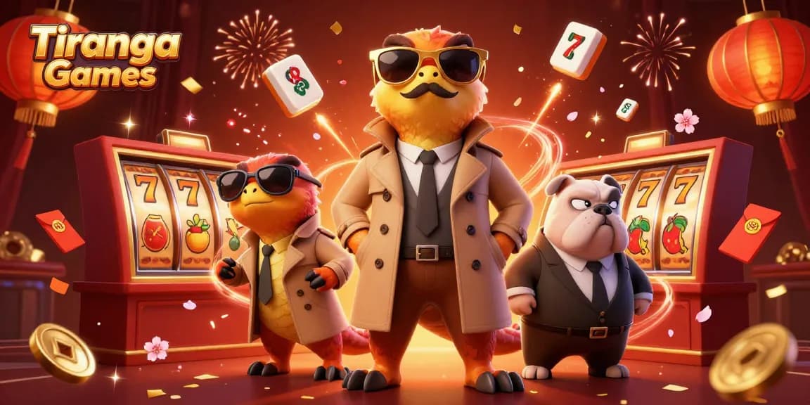 Tiranga Games features fun raptors in a trench coat entering a casino, surrounded by vibrant gaming elements.