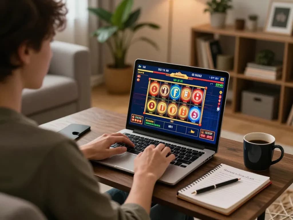 A person gaming at home using goal123.ac with a laptop, enjoying a cozy atmosphere and strategic planning.