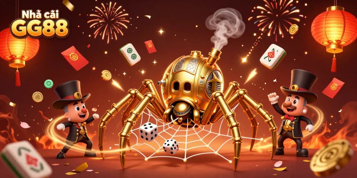 Engage with Nhà cái GG88 for exciting gameplay featuring a steampunk spider and vibrant casino elements.
