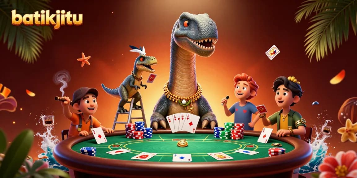 Menangani kartu di meja poker oleh brontosaurus batikjitu yang menyentuh atap kasino.