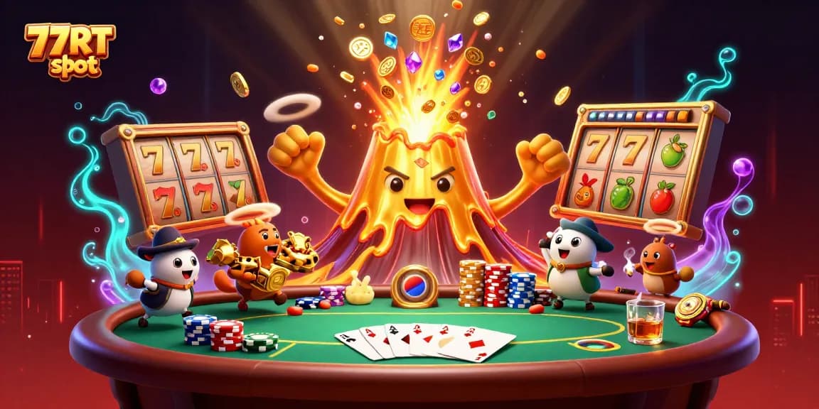 Spin the 77RT slot reels while the golden volcano erupts with treasures in a vibrant casino scene.