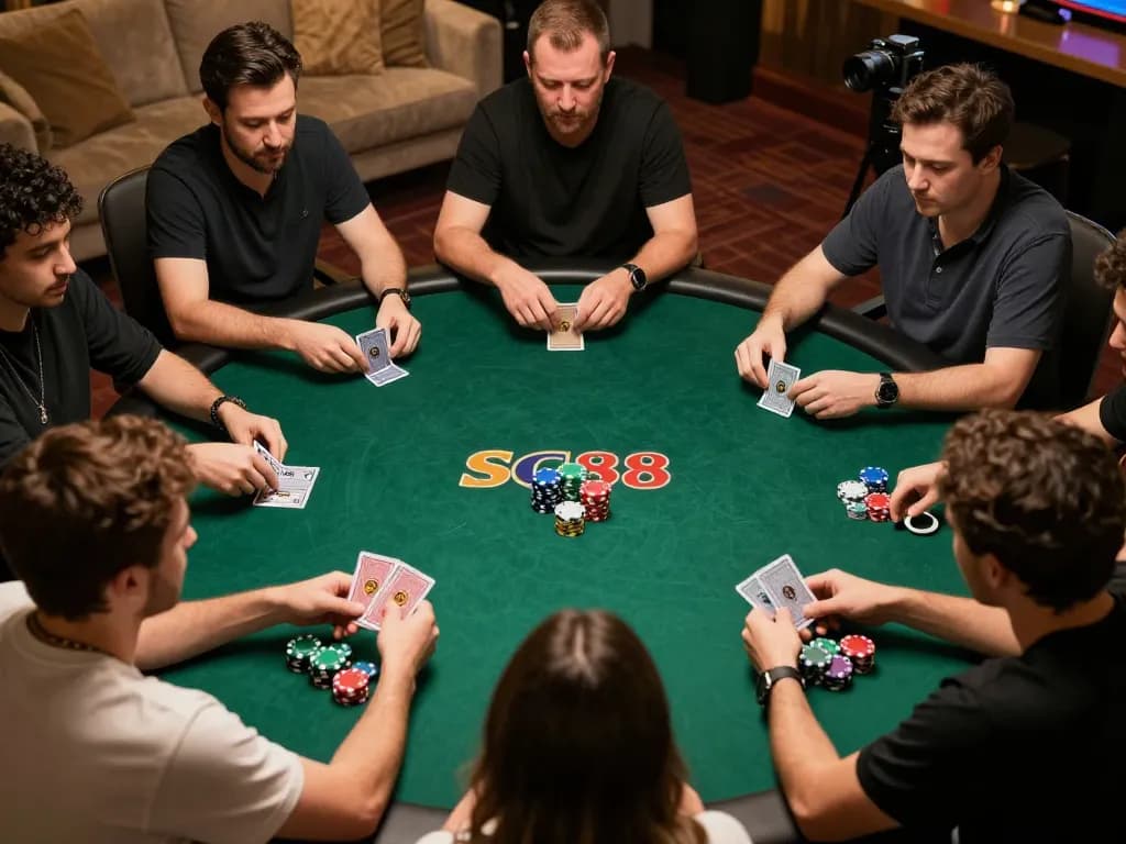 Engaged players strategizing in an SC88 online poker game, showcasing intense gameplay.
