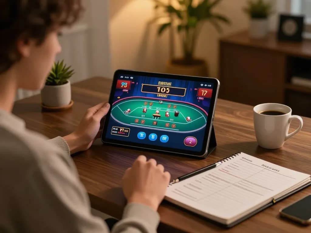 Player enjoying rik vip online casino game on tablet with strategic notes nearby