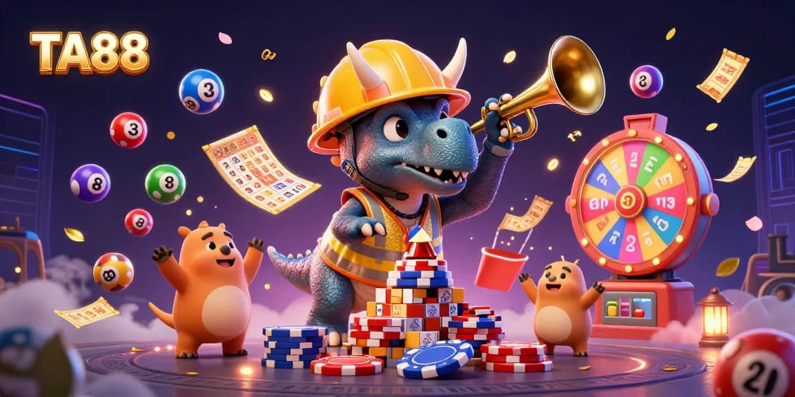 TA88 highlights thrilling lottery excitement with cheerful cartoon dinosaurs and colorful game elements.