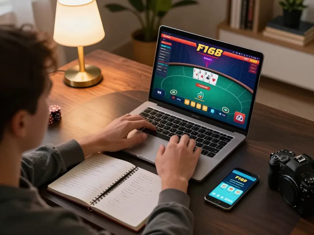 Gamer engaging on F168 platform with laptop and smartphone, showcasing online poker excitement.