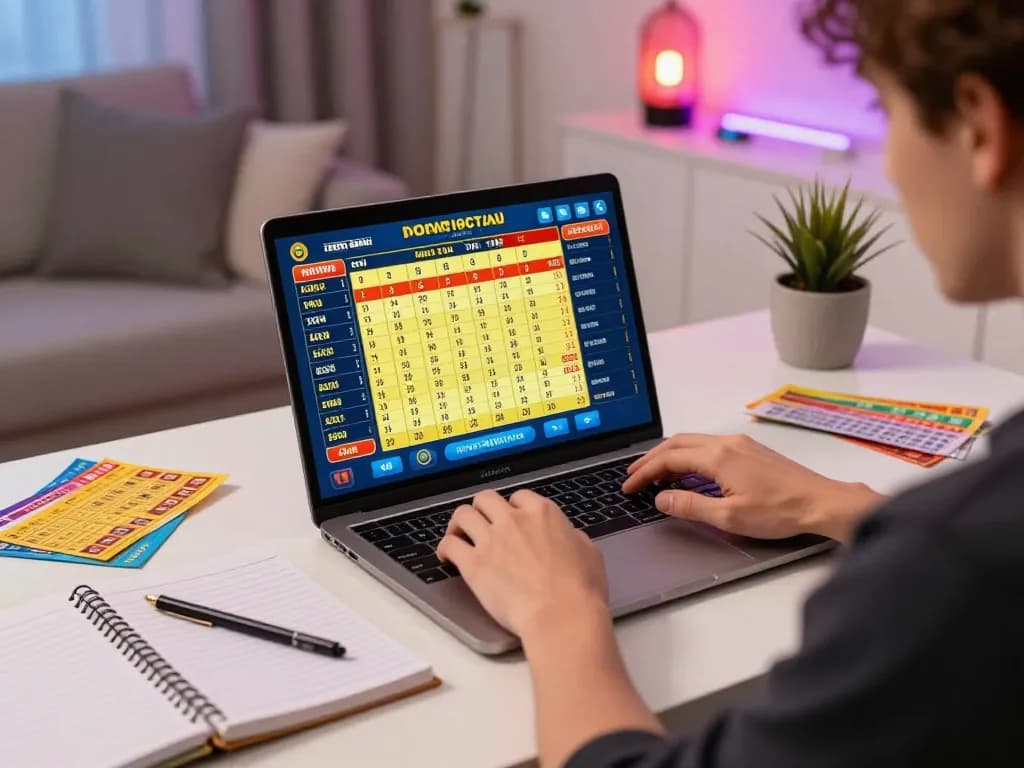 Engaging in toto togel gaming on a laptop in a cozy home setup, showcasing live draw excitement.