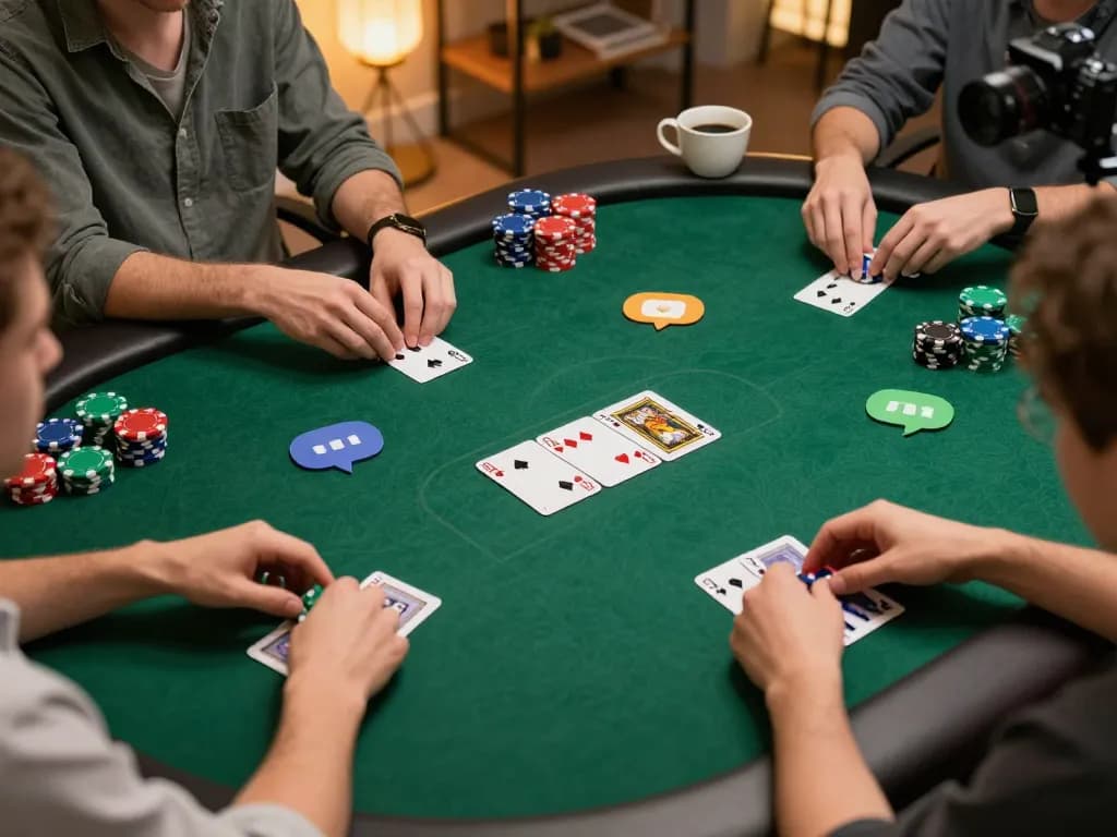 Exciting online poker game on okfun with colorful chips and winning cards, immersive home gaming environment.