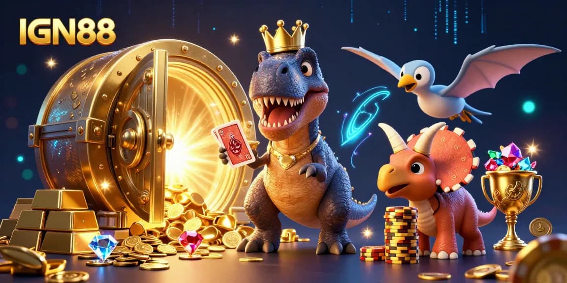 Engage with IGN88's vibrant casino scene featuring a T-Rex and friends amidst treasure and excitement.